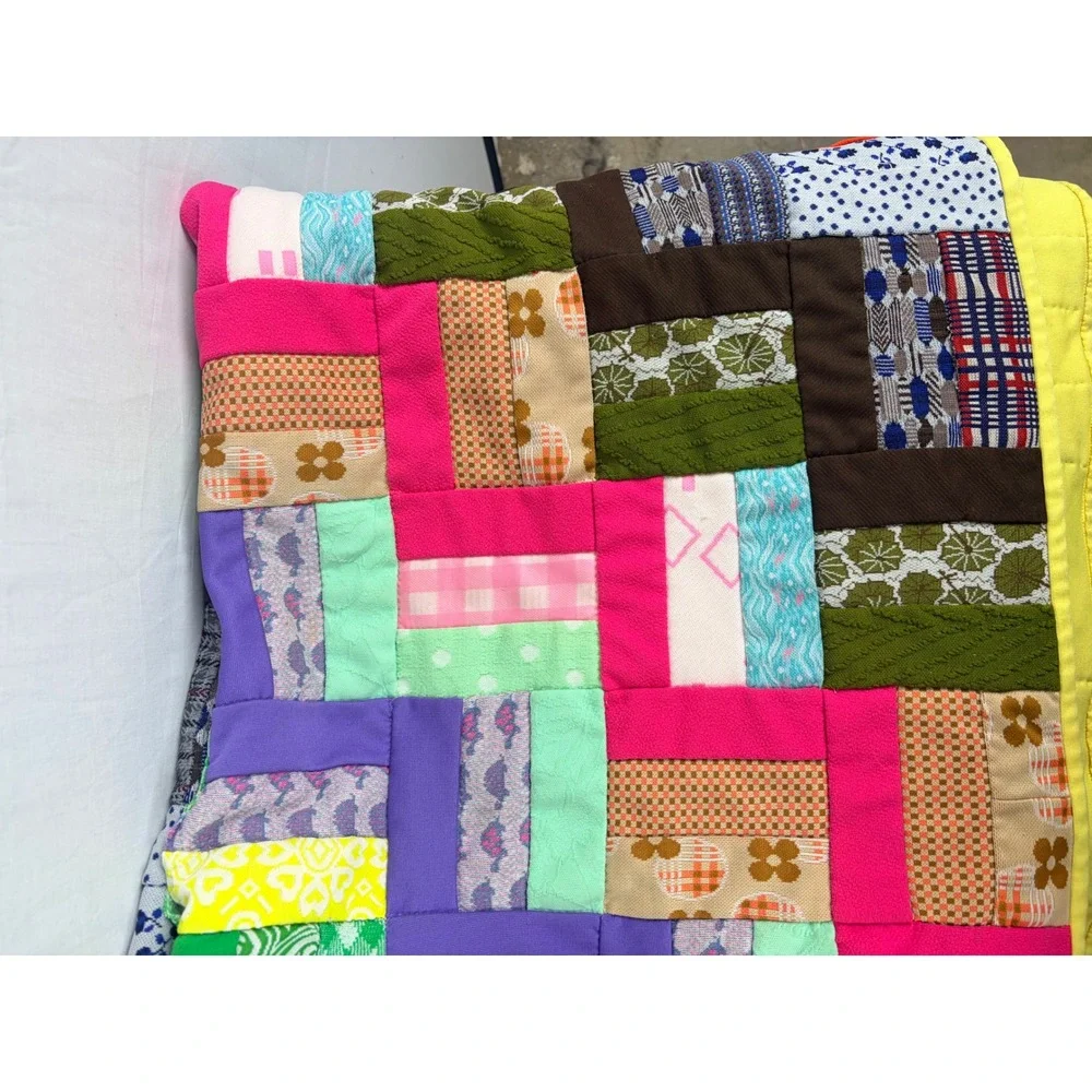 Vintage Handmade Patchwork Quilt Rainbow Polyester Double Knit 70s Retro 68x82